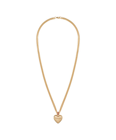 Gold necklace with a heart pendant on a white background