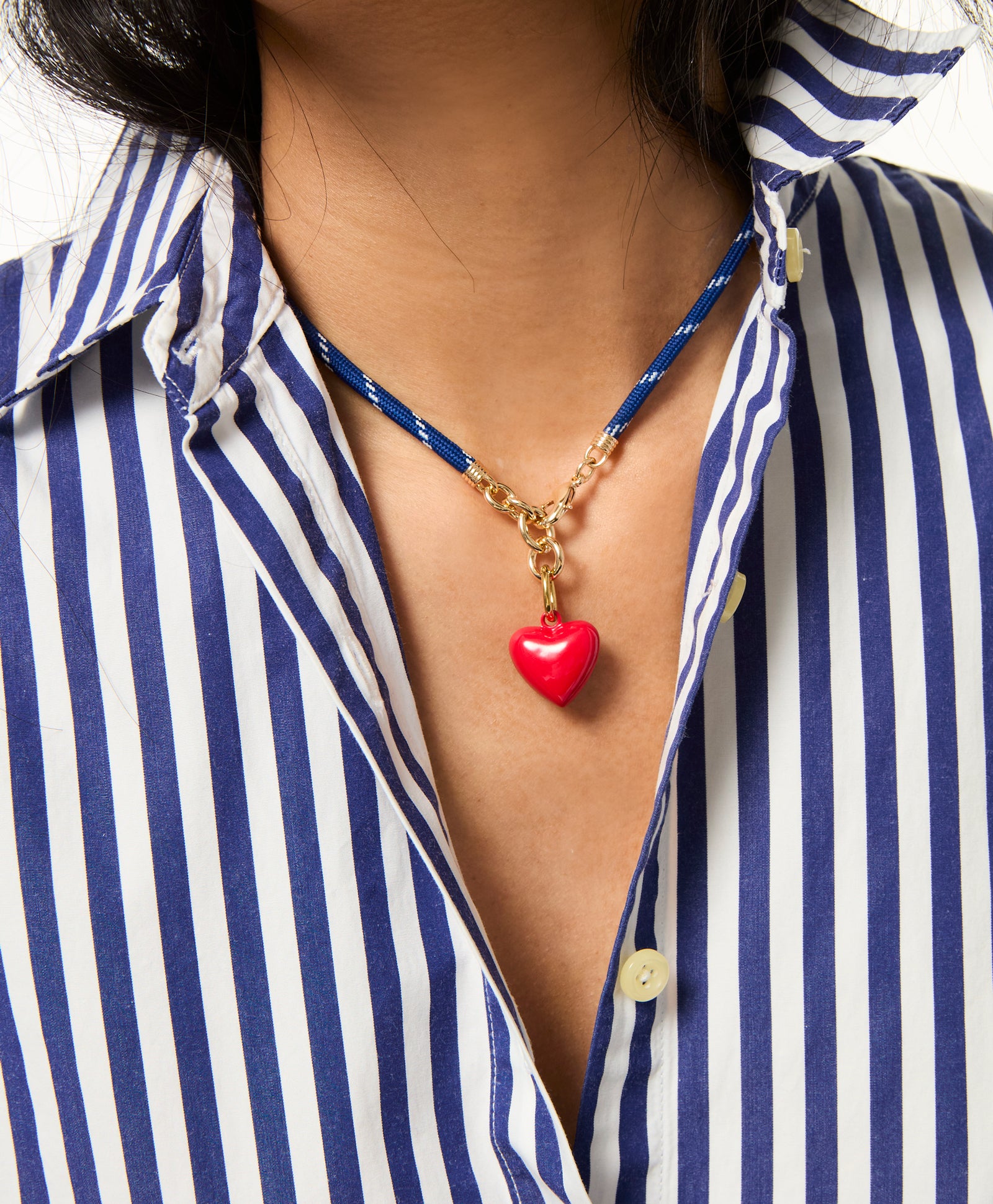 NWOT Roxanne Assoulin The Long Happy Cord Charm
Necklace Gold, Blue and White Long Happy Cord Necklace with Heart  main image 2