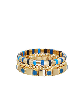 Roxanne Assoulin gold and blue stretch bracelets
